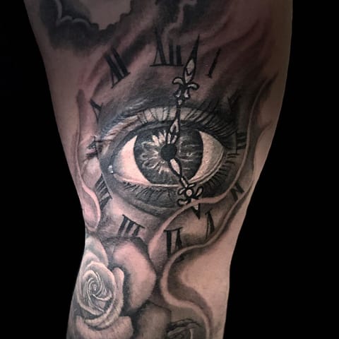 Pure Ink Tattoo - NJ - Ian Shafer - Black Grey Eye Clock Tattoo